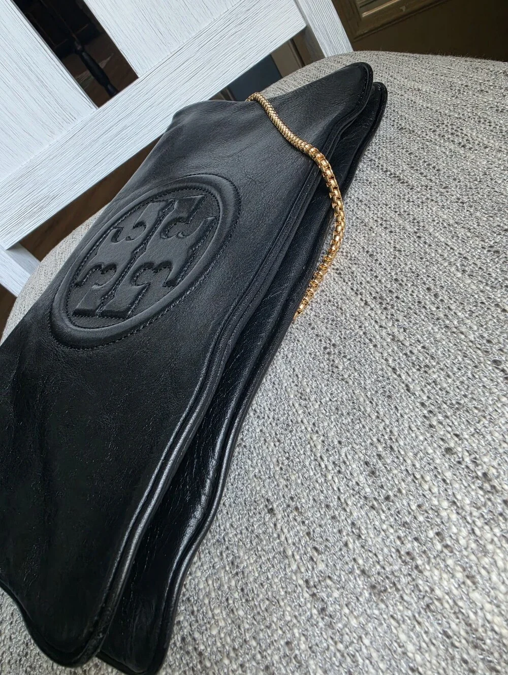 Tory Burch Black Leather Logo Chain Clutch